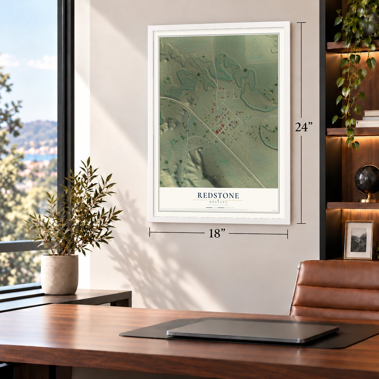 Redstone, Montana map, 18 x 24 inch print in a white frame in a home office