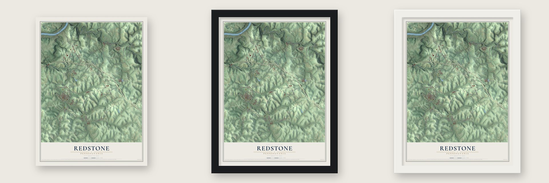 Redstone, Pennsylvania map unframed, in a black wood frame and in a white wood frame