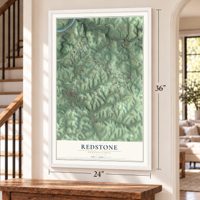 Redstone, Pennsylvania map, 24 x 36 inch print in a white frame by a staircase