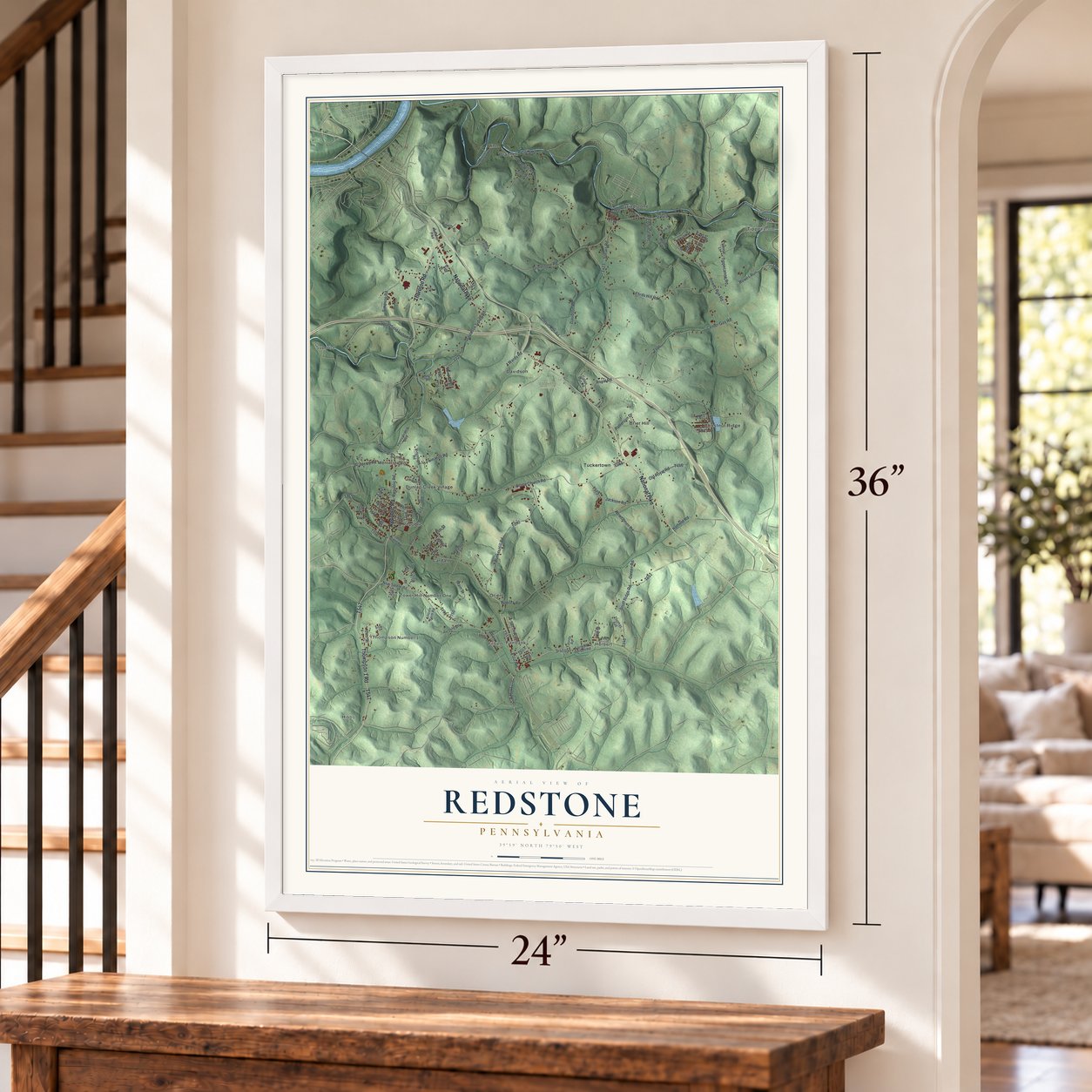 Redstone, Pennsylvania map, 24 x 36 inch print in a white frame by a staircase