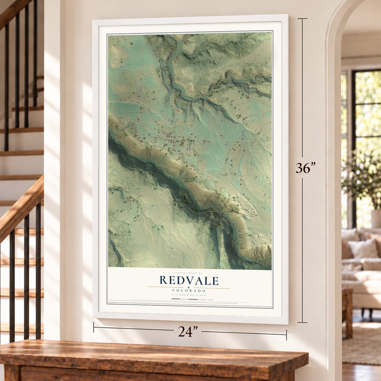Redvale, Colorado map, 24 x 36 inch print in a white frame by a staircase