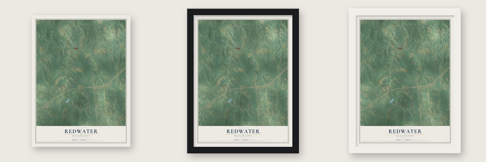 Redwater, Mississippi map unframed, in a black wood frame and in a white wood frame