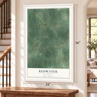Redwater, Mississippi map, 24 x 36 inch print in a white frame by a staircase