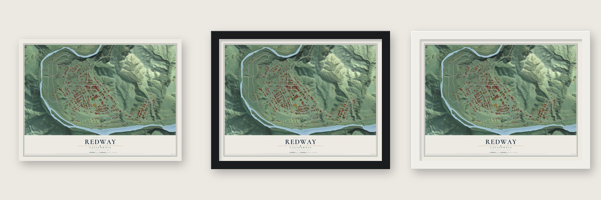 Redway, California map unframed, in a black wood frame and in a white wood frame