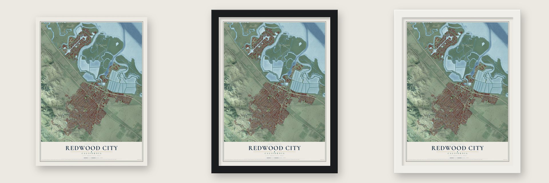Redwood City, California map unframed, in a black wood frame and in a white wood frame