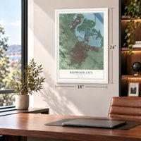 Redwood City, California map, 18 x 24 inch print in a white frame in a home office