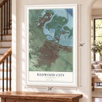 Redwood City, California map, 24 x 36 inch print in a white frame by a staircase
