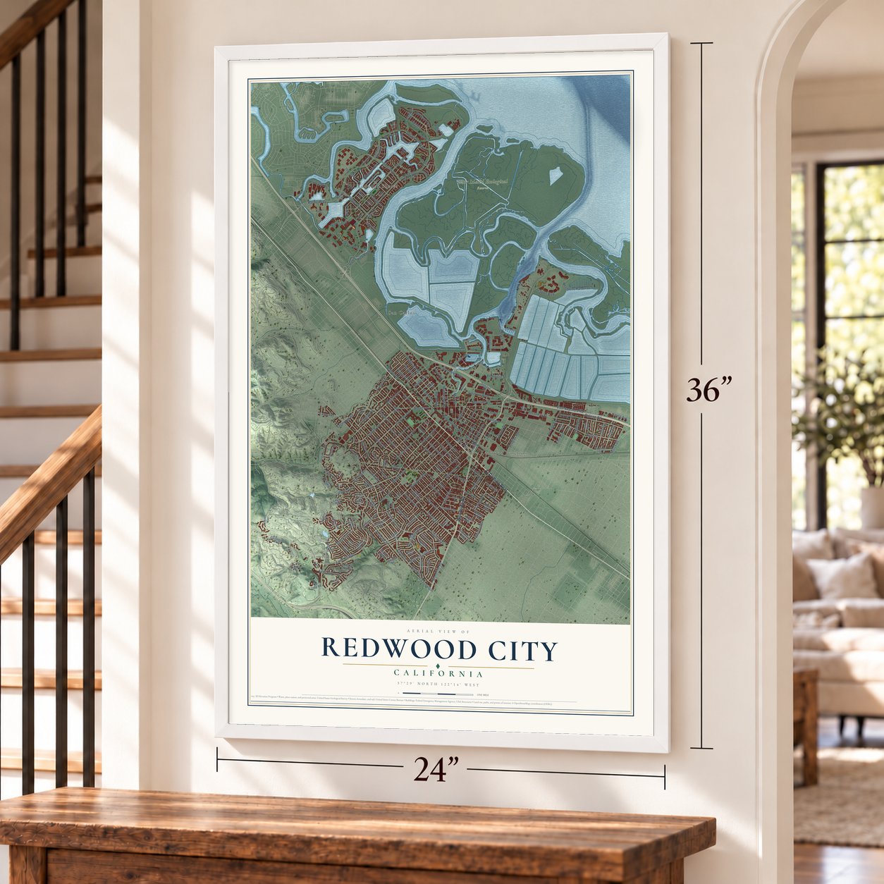 Redwood City, California map, 24 x 36 inch print in a white frame by a staircase