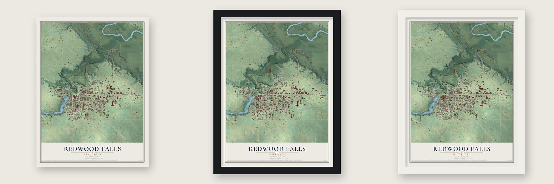 Redwood Falls, Minnesota map unframed, in a black wood frame and in a white wood frame