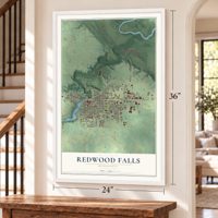 Redwood Falls, Minnesota map, 24 x 36 inch print in a white frame by a staircase