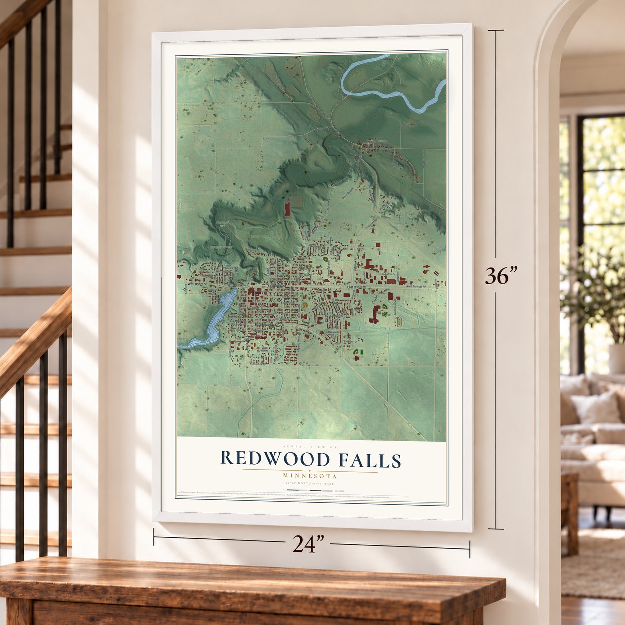 Redwood Falls, Minnesota map, 24 x 36 inch print in a white frame by a staircase