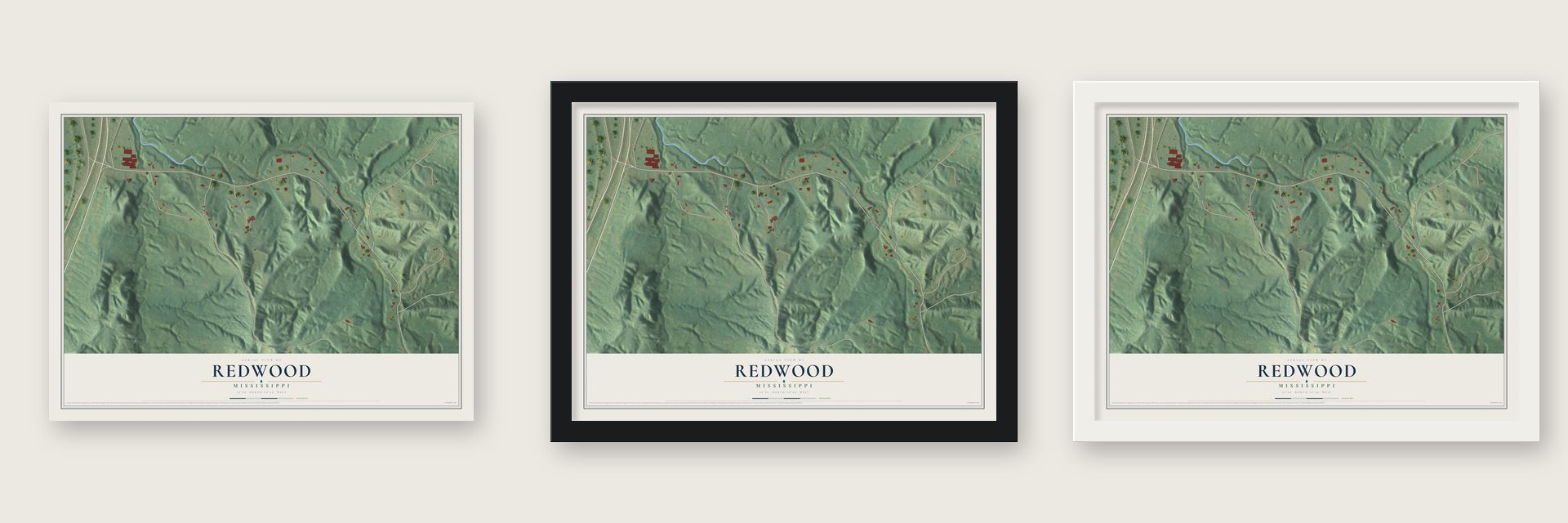 Redwood, Mississippi map unframed, in a black wood frame and in a white wood frame