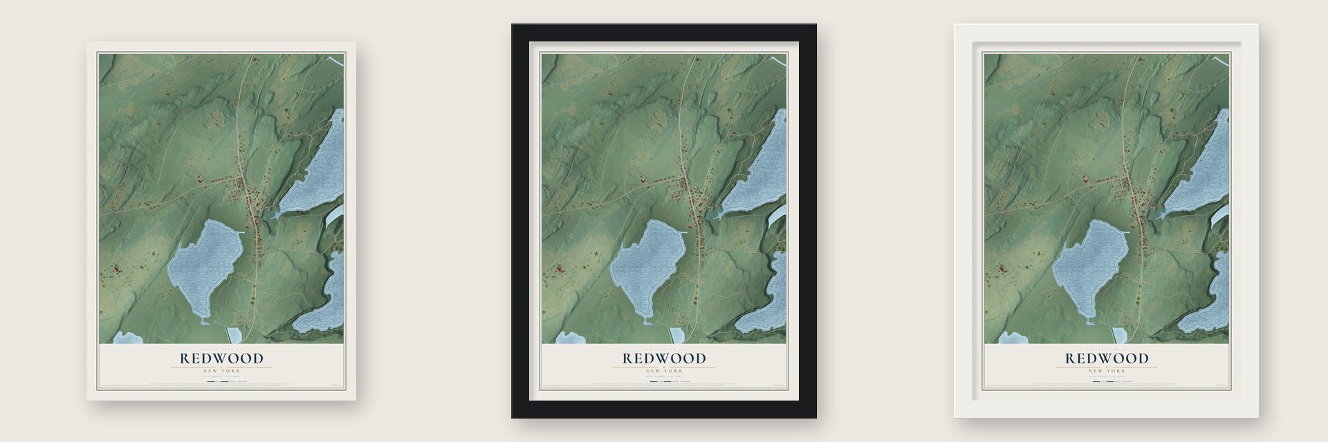 Redwood, New York map unframed, in a black wood frame and in a white wood frame