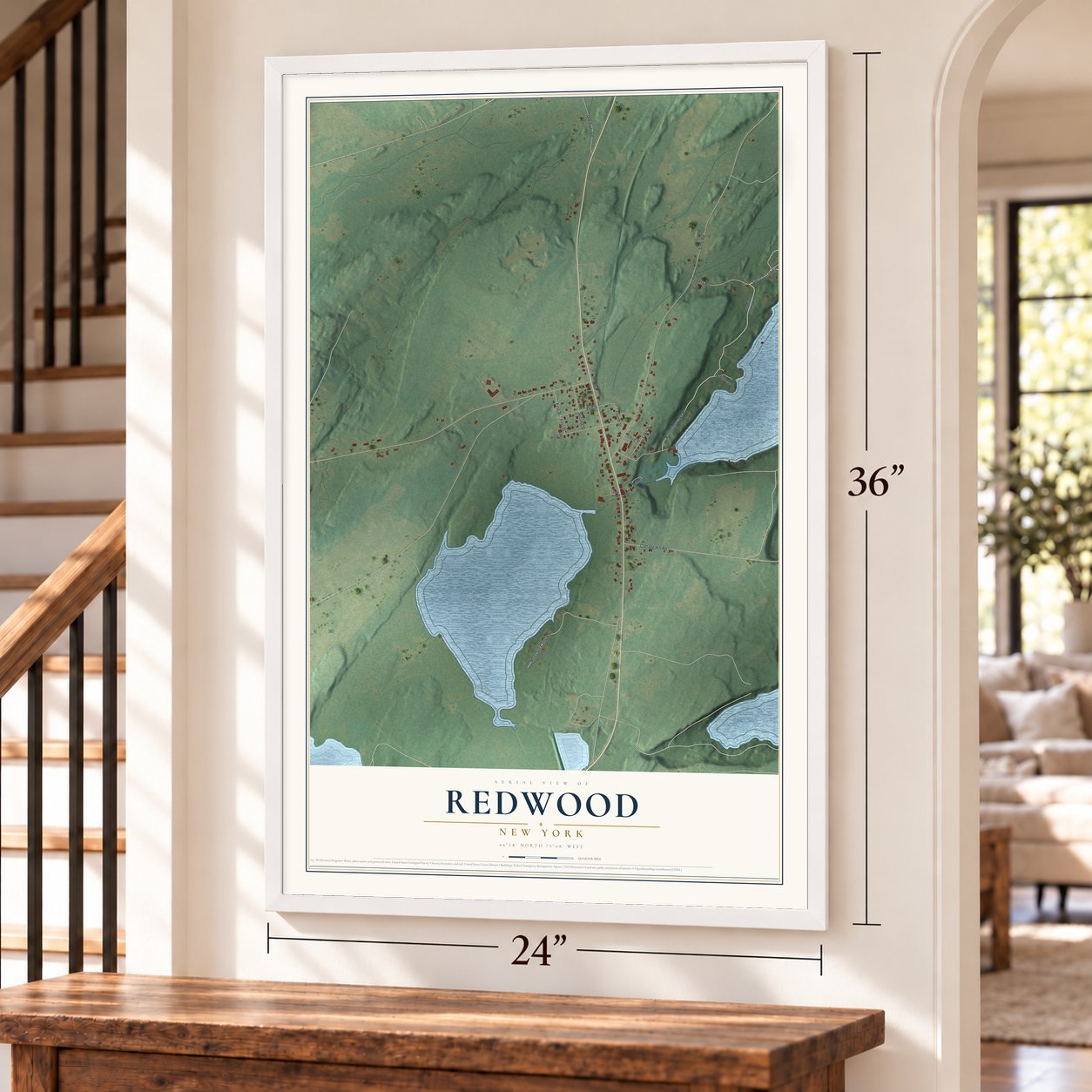 Redwood, New York map, 24 x 36 inch print in a white frame by a staircase