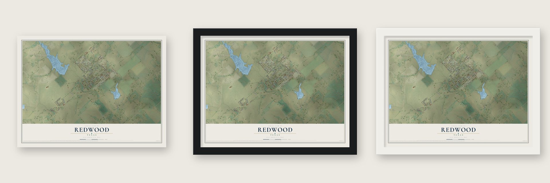 Redwood, Texas map unframed, in a black wood frame and in a white wood frame