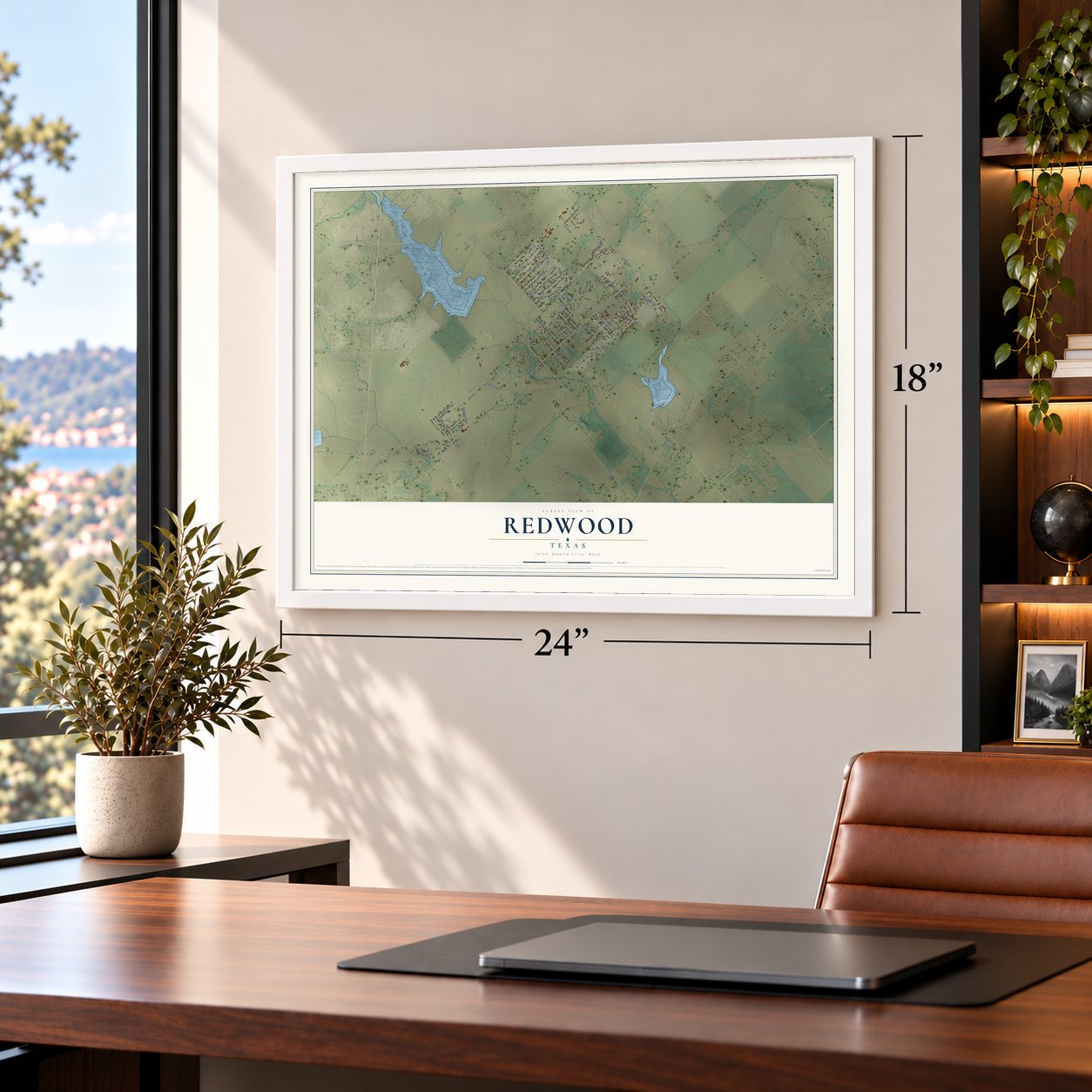 Redwood, Texas map, 18 x 24 inch print in a white frame in a home office