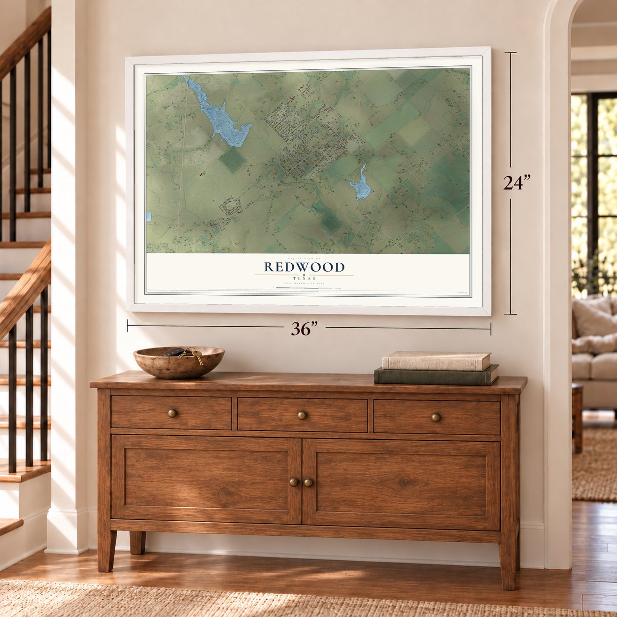 Redwood, Texas map, 24 x 36 inch print in a white frame above a dresser by a staircase