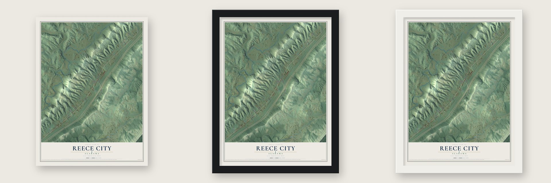 Reece City, Alabama map unframed, in a black wood frame and in a white wood frame