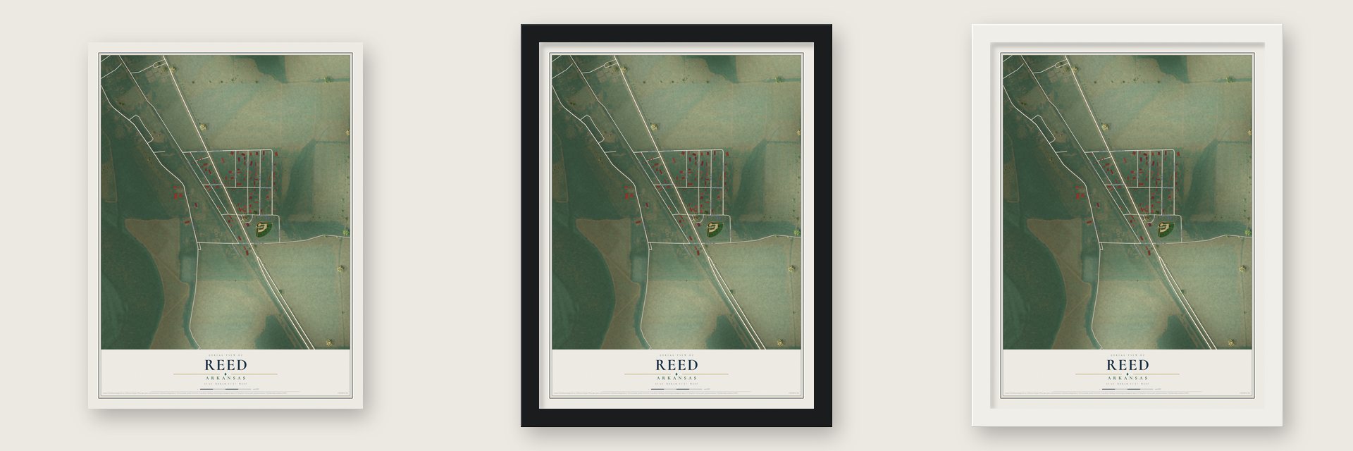 Reed, Arkansas map unframed, in a black wood frame and in a white wood frame