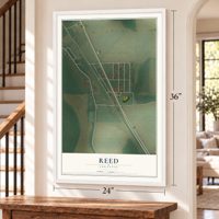 Reed, Arkansas map, 24 x 36 inch print in a white frame by a staircase