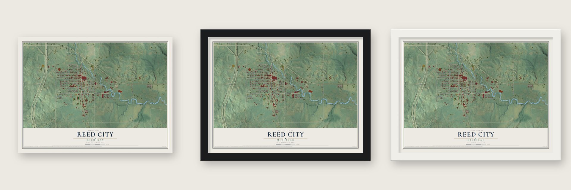 Reed City, Michigan map unframed, in a black wood frame and in a white wood frame
