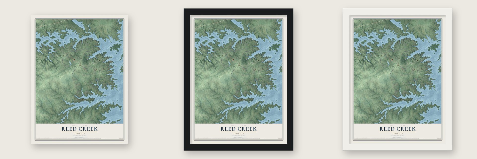 Reed Creek, Georgia map unframed, in a black wood frame and in a white wood frame