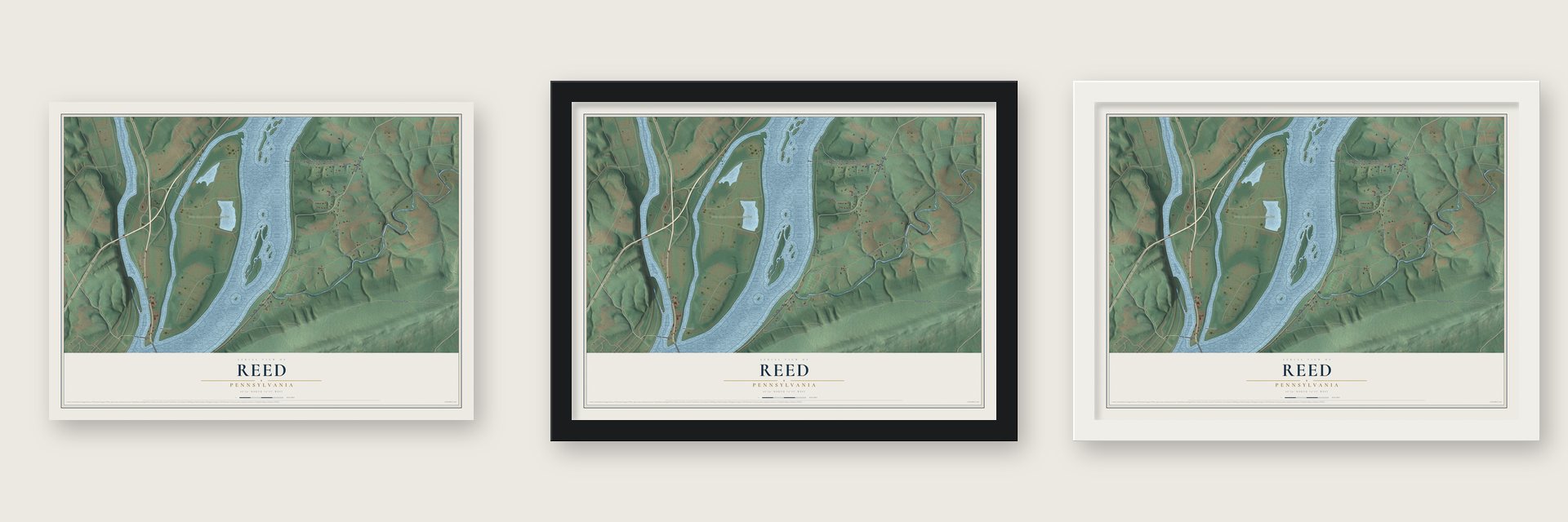 Reed, Pennsylvania map unframed, in a black wood frame and in a white wood frame