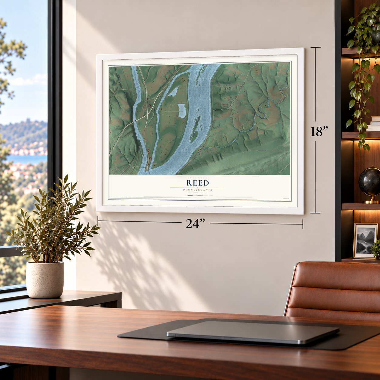 Reed, Pennsylvania map, 18 x 24 inch print in a white frame in a home office