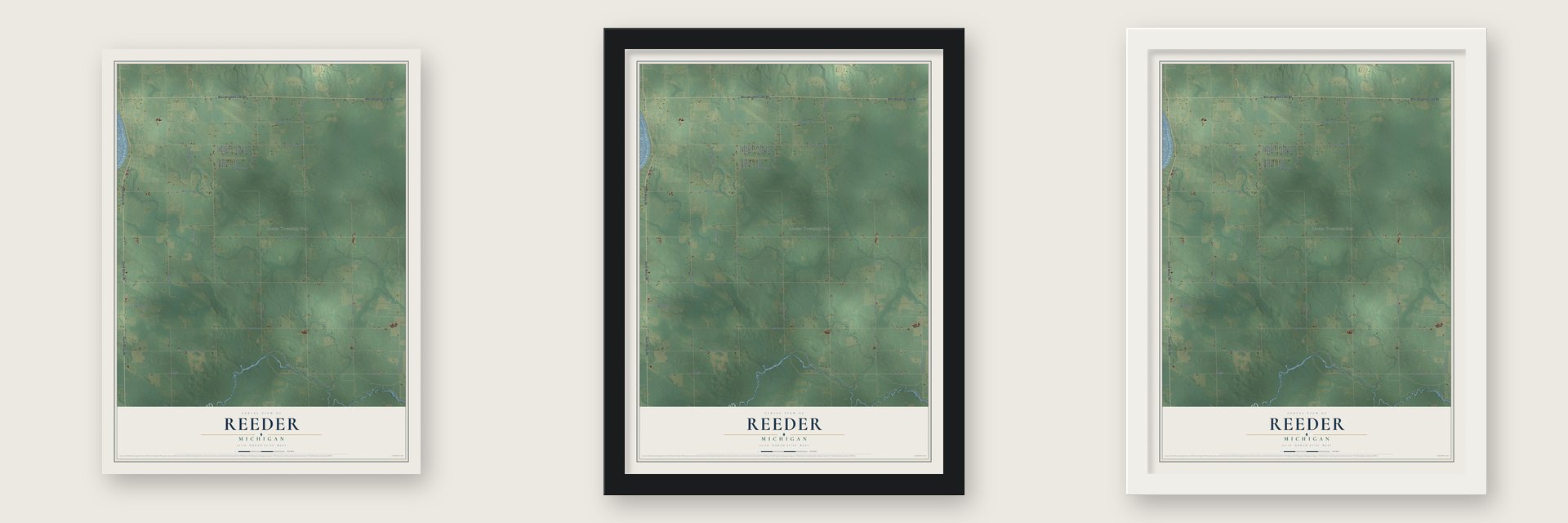 Reeder, Michigan map unframed, in a black wood frame and in a white wood frame