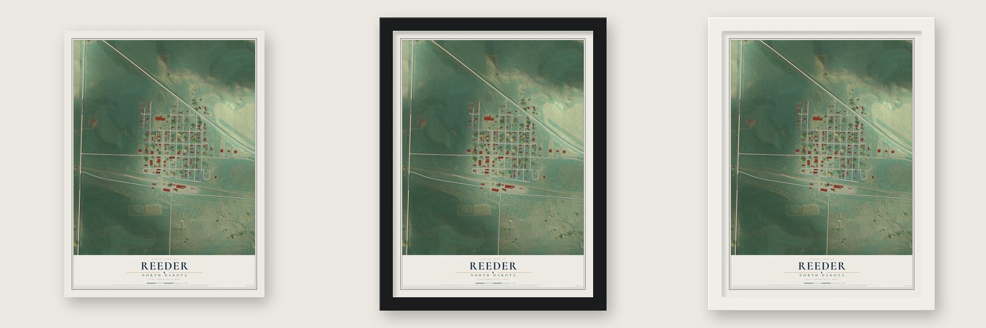 Reeder, North Dakota map unframed, in a black wood frame and in a white wood frame