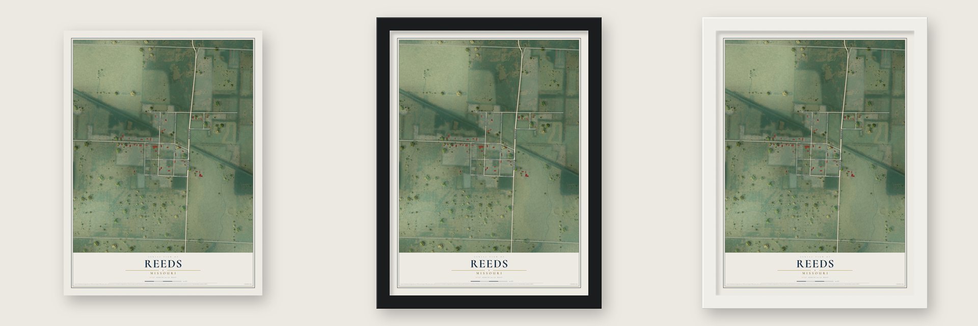 Reeds, Missouri map unframed, in a black wood frame and in a white wood frame