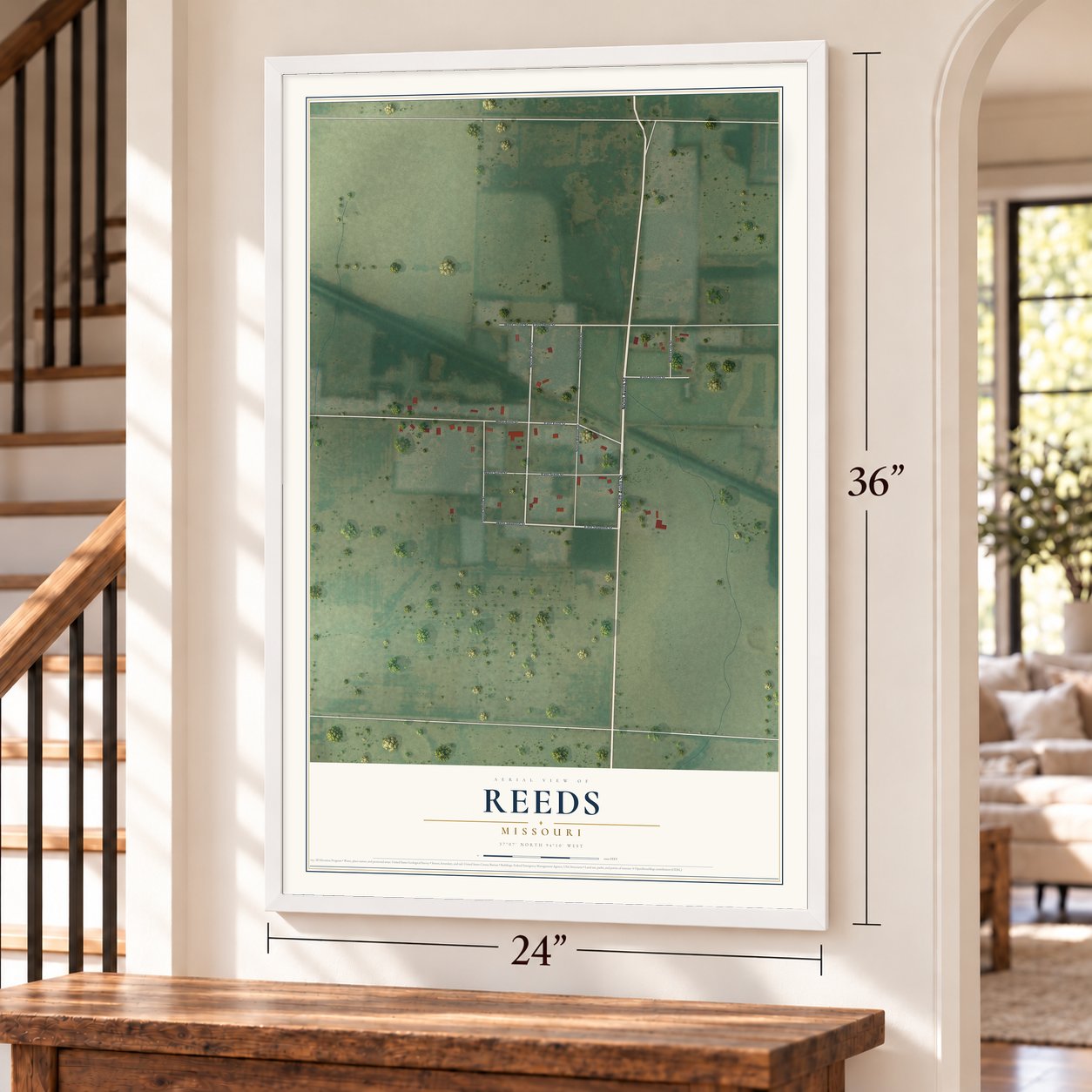 Reeds, Missouri map, 24 x 36 inch print in a white frame by a staircase