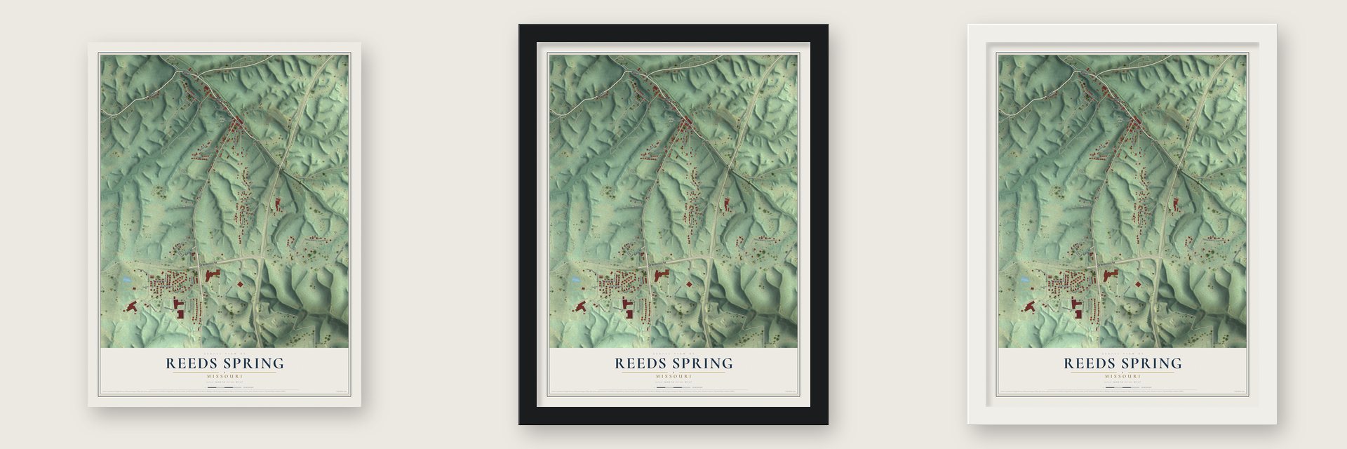 Reeds Spring, Missouri map unframed, in a black wood frame and in a white wood frame