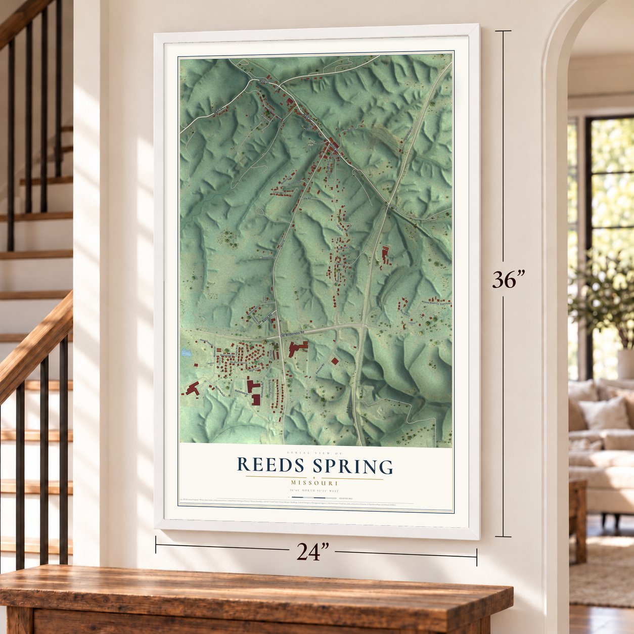 Reeds Spring, Missouri map, 24 x 36 inch print in a white frame by a staircase