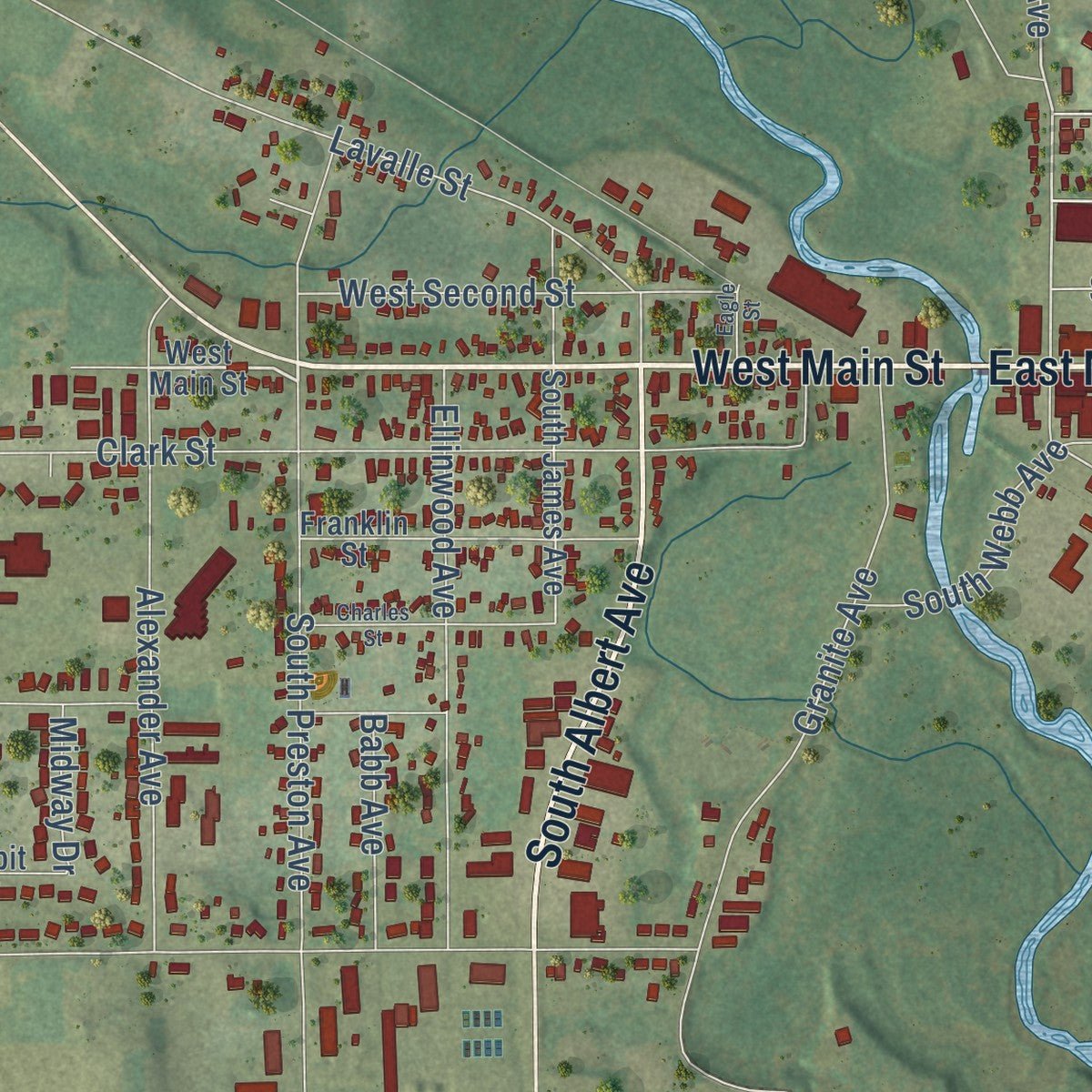 Second close-up of the map of Reedsburg, Wisconsin print showing more streets and buildings