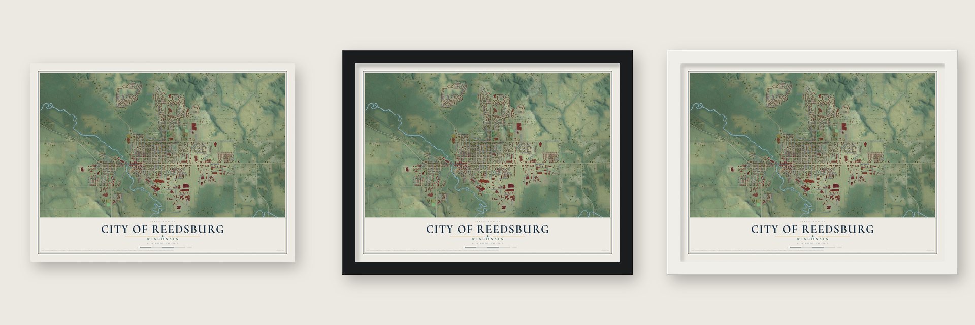 Reedsburg, Wisconsin map unframed, in a black wood frame and in a white wood frame