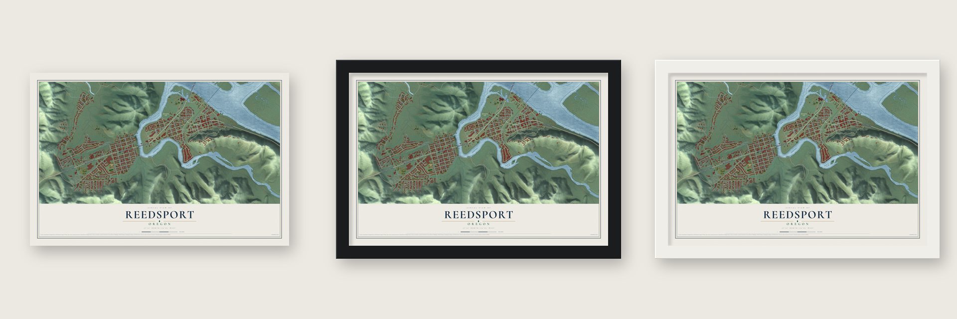 Reedsport, Oregon map unframed, in a black wood frame and in a white wood frame