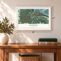 Reedsport, Oregon map, 12 x 18 inch print in a white frame in an entryway