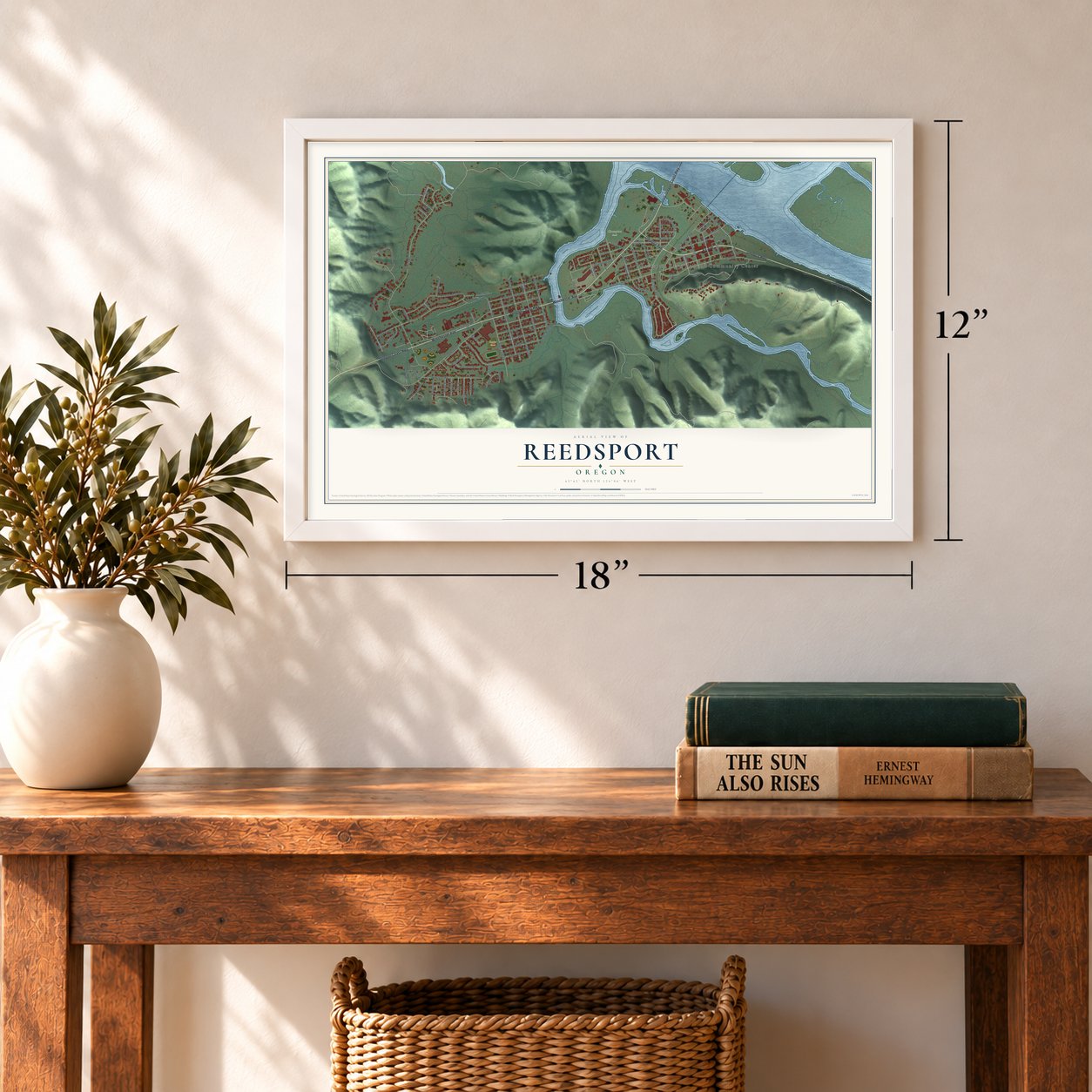 Reedsport, Oregon map, 12 x 18 inch print in a white frame in an entryway