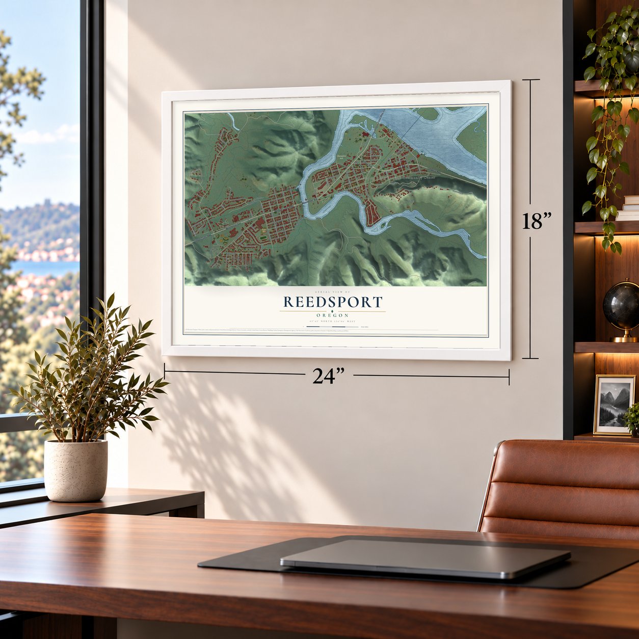 Reedsport, Oregon map, 18 x 24 inch print in a white frame in a home office