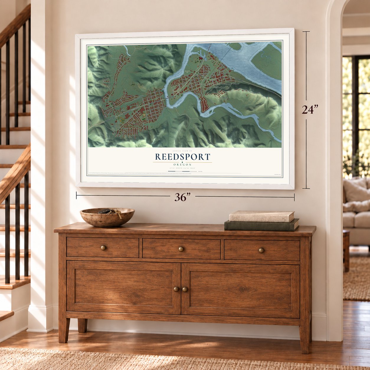 Reedsport, Oregon map, 24 x 36 inch print in a white frame above a dresser by a staircase