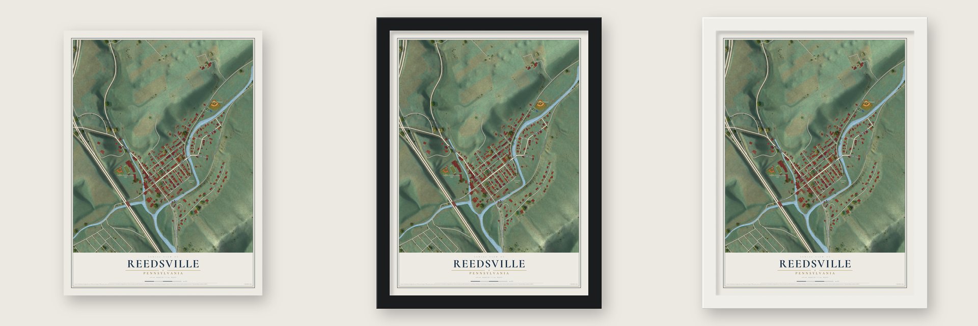 Reedsville, Pennsylvania map unframed, in a black wood frame and in a white wood frame