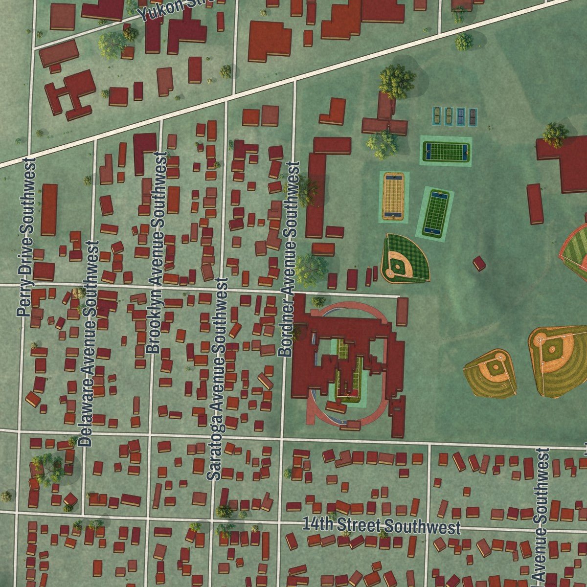 Second close-up of the map of Reedurban, Ohio print showing more streets and buildings