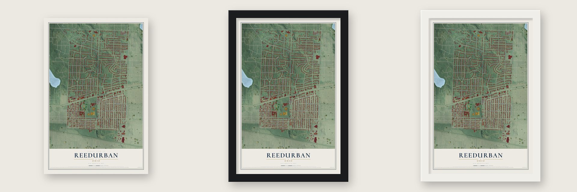 Reedurban, Ohio map unframed, in a black wood frame and in a white wood frame