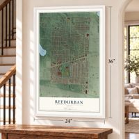 Reedurban, Ohio map, 24 x 36 inch print in a white frame by a staircase