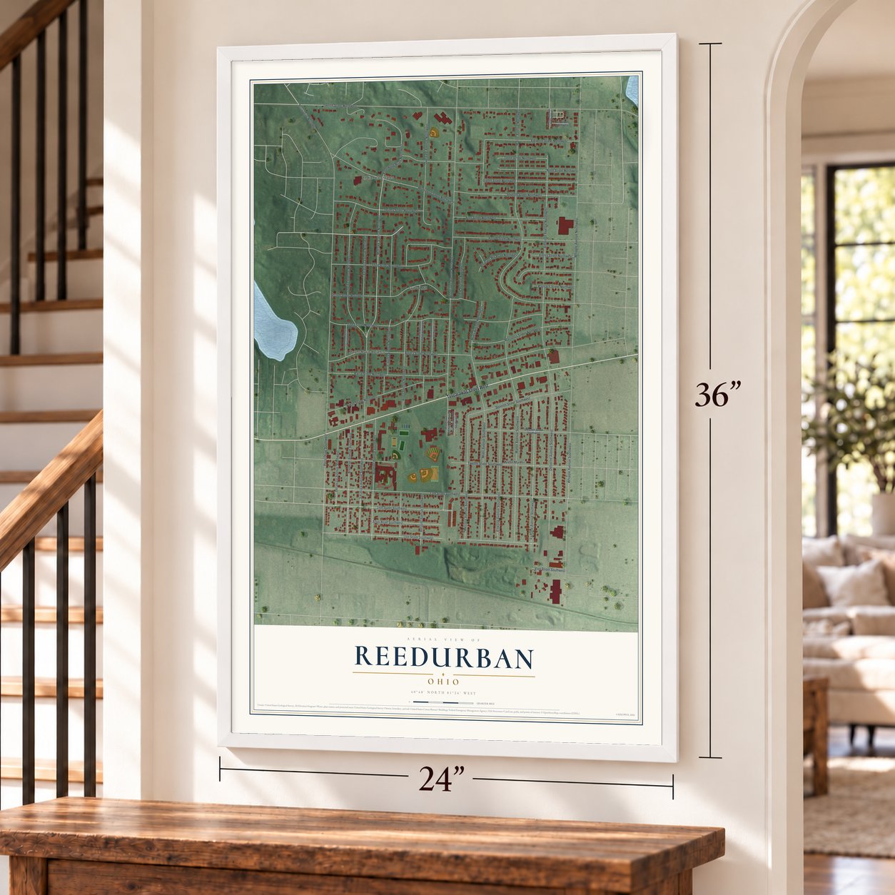 Reedurban, Ohio map, 24 x 36 inch print in a white frame by a staircase