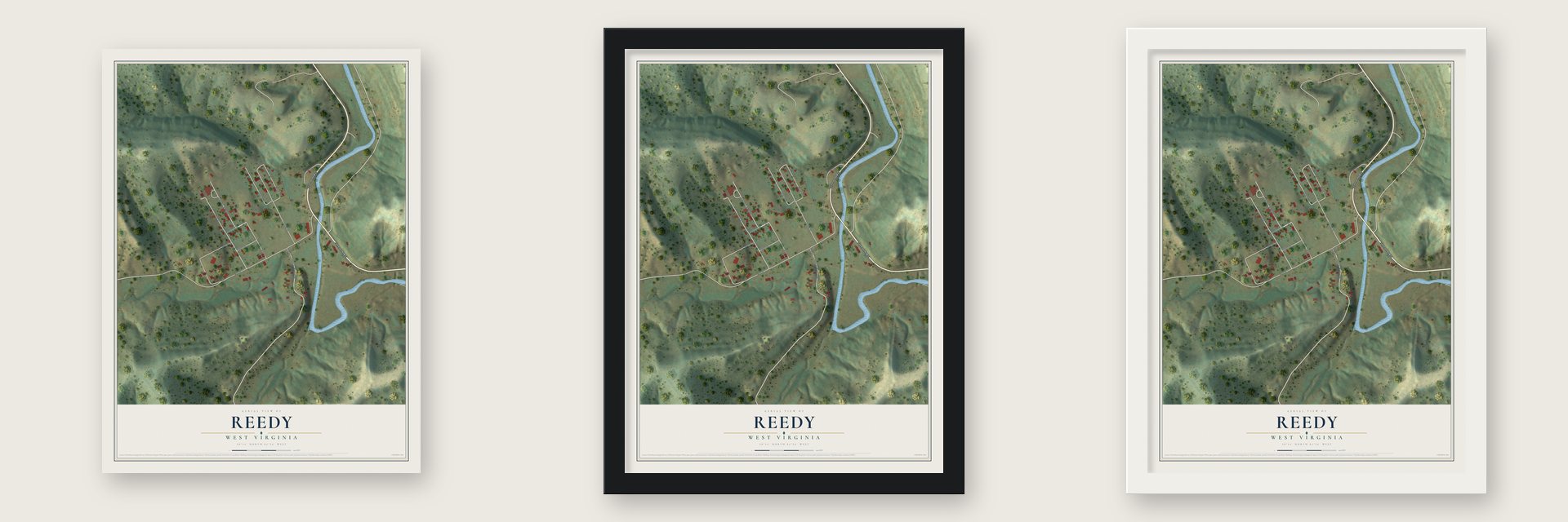 Reedy, West Virginia map unframed, in a black wood frame and in a white wood frame