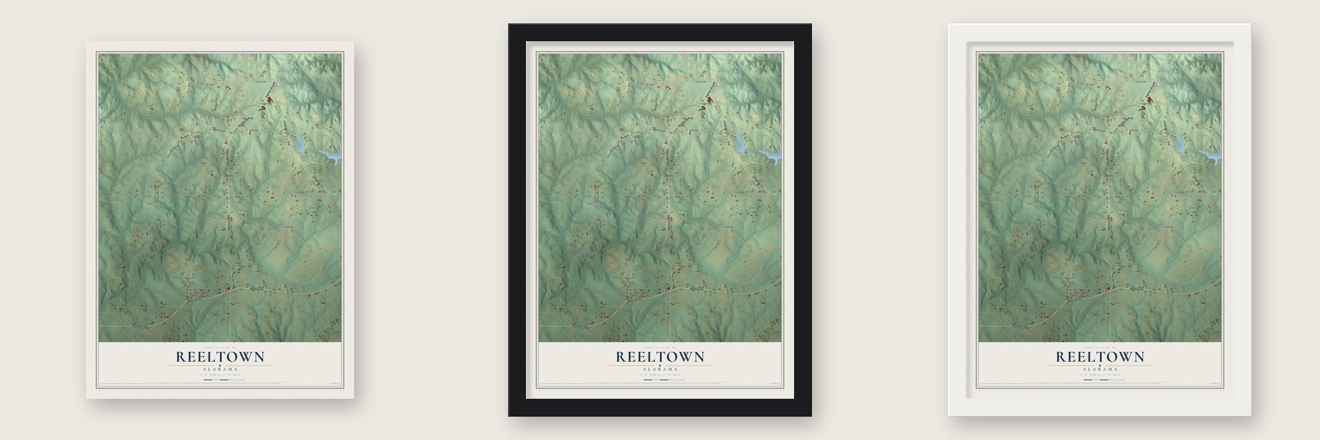 Reeltown, Alabama map unframed, in a black wood frame and in a white wood frame