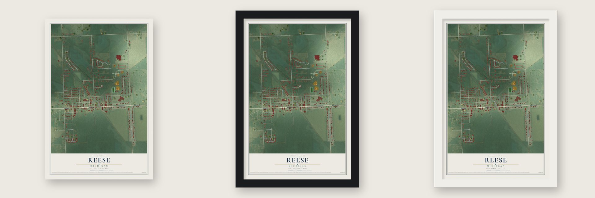 Reese, Michigan map unframed, in a black wood frame and in a white wood frame