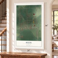 Reese, Michigan map, 24 x 36 inch print in a white frame by a staircase